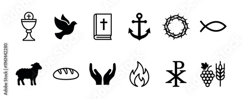 Collection of twelve black Christian symbols representing biblical concepts like the Eucharist, Holy Spirit, and salvation, presented in a clean, minimalist icon style