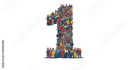 Large group of diverse people forming the number one symbol on white background