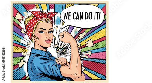 Iconic rosie the riveter flexing arm with 'we can do it' slogan symbolizing