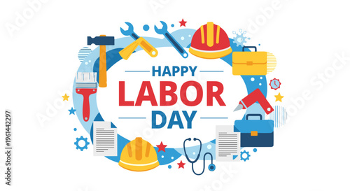 Happy labor day greeting with assorted tools hard hats and medical stethoscope