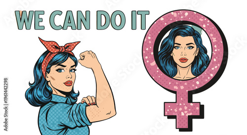 Iconic female strength symbol with we can do it slogan pop art style