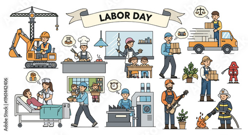 Labor day celebration diverse professions honored with festive illustrations