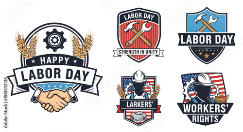 Happy labor day emblems tools handshake gear wheat usa flag celebrate workers
