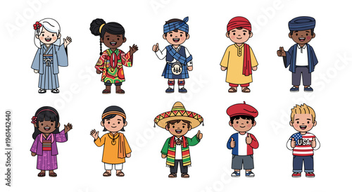 Diverse children in traditional clothing waving hands celebrating global unity