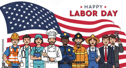 Happy labor day usa diverse professionals celebrate american workforce with flag