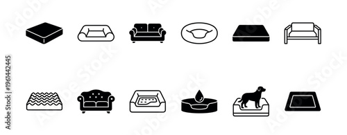 Collection of black pet bed icons showing various styles of dog furniture, including orthopedic, waterproof, and sofa designs presented in both glyph and line art styles