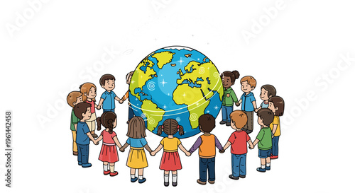 Diverse children holding hands in a circle around a colorful planet earth