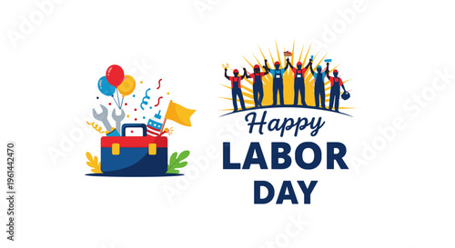 Happy labor day celebration with tools balloons confetti and cheering diverse