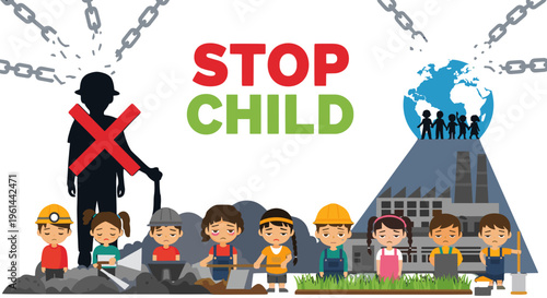 Stop child labor concept children forced to work in dangerous industrial
