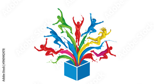 Explosion of colorful human figures emerging from blue box symbolizing creativity