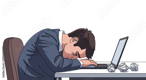 Exhausted businessman slumped over laptop keyboard at desk overwhelmed by work