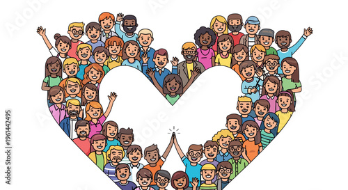 Diverse group of cartoon people forming a large heart shape symbolizing unity love