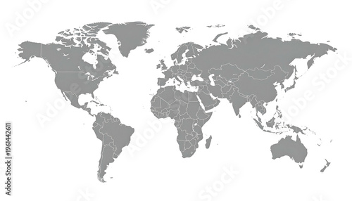 A grayscale political world map with country borders and a black background
