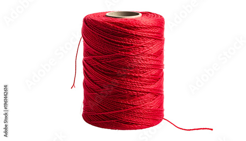A cylindrical spool of bright red thread, isolated on a black background