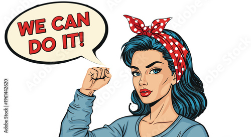 Strong woman in retro style with raised fist and we can do it speech bubble