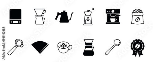Collection of twelve coffee making icons including a scale, grinder, espresso machine, and pour over equipment in a minimalist line art and solid silhouette style