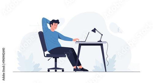 Man Relaxing at Desk with Laptop, Working from Home or Studying