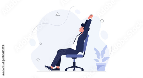 Businessman stretching arms up while sitting in office chair, feeling relaxed and successful