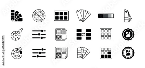 Set of black and white graphic design icons featuring color swatches, palettes, adjustment sliders, and branding elements in a clean, minimalist vector style for creative projects