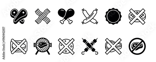 Set of black meat and barbecue icons including steak, bacon, chicken, sausage, and prohibition signs for vegetarian, vegan, or meat-free dietary concepts