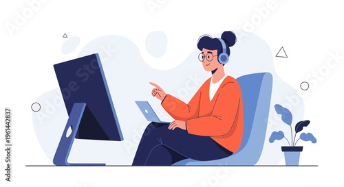 Young person with headphones working on laptop and computer, modern workspace illustration