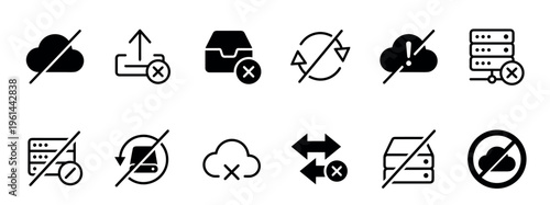Set of black minimalist icons representing data errors, offline cloud storage, server connection failure, and unavailable network synchronization for user interface design