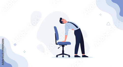 Businessman stretching back at office chair, healthy work break, ergonomic posture