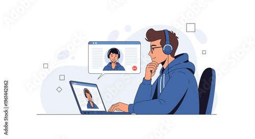Young man in headphones having a video call on laptop, online communication concept