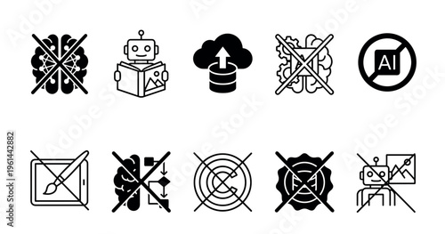 Collection of black vector icons representing the prohibition of artificial intelligence, data scraping for training, and AI-generated art for copyright protection