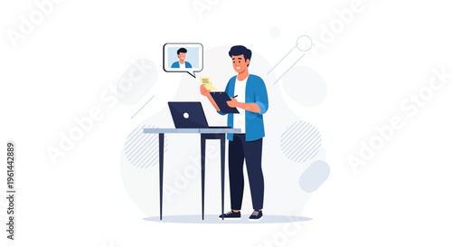 Man in video call, working at desk with laptop and clipboard, online communication