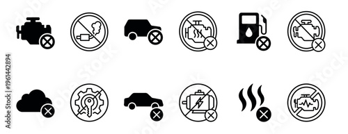 Set of black car engine problem icons representing vehicle failure, diagnostic warnings, service alerts, and automotive prohibitions in a simple, minimalist glyph and line art style