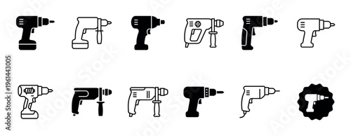 Collection of black power drill icons in various styles including glyph, silhouette, and outline, representing a set of tools for construction, repair, and DIY projects