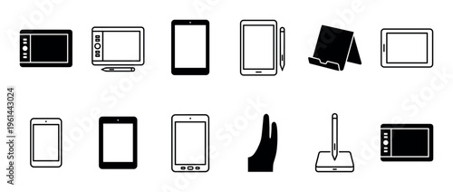 Graphic tablet and digital drawing icon set featuring various electronic devices for artists and designers in a simple black and white glyph and line art style collection