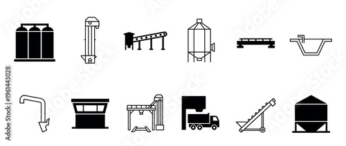 Set of black industrial equipment icons for concrete production and agriculture, including silos, conveyors, and a mixer truck, presented in a minimalist glyph and line art style