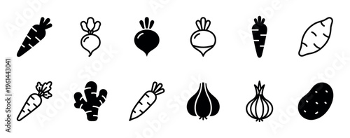 Collection of black root vegetable icons in a minimalist style, featuring carrots, potatoes, onions, and beets in both solid glyph and simple outline designs for graphic use