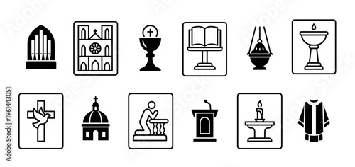 Set of twelve black Christian religious icons representing church worship, sacraments, and faith symbols in a minimalist line art and silhouette graphic style for spiritual concepts