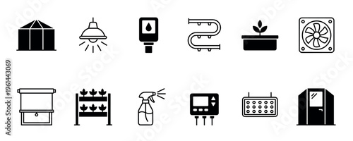 Twelve black and white icons representing indoor gardening technology and smart farming equipment, featuring essential tools for hydroponics and controlled plant growth systems