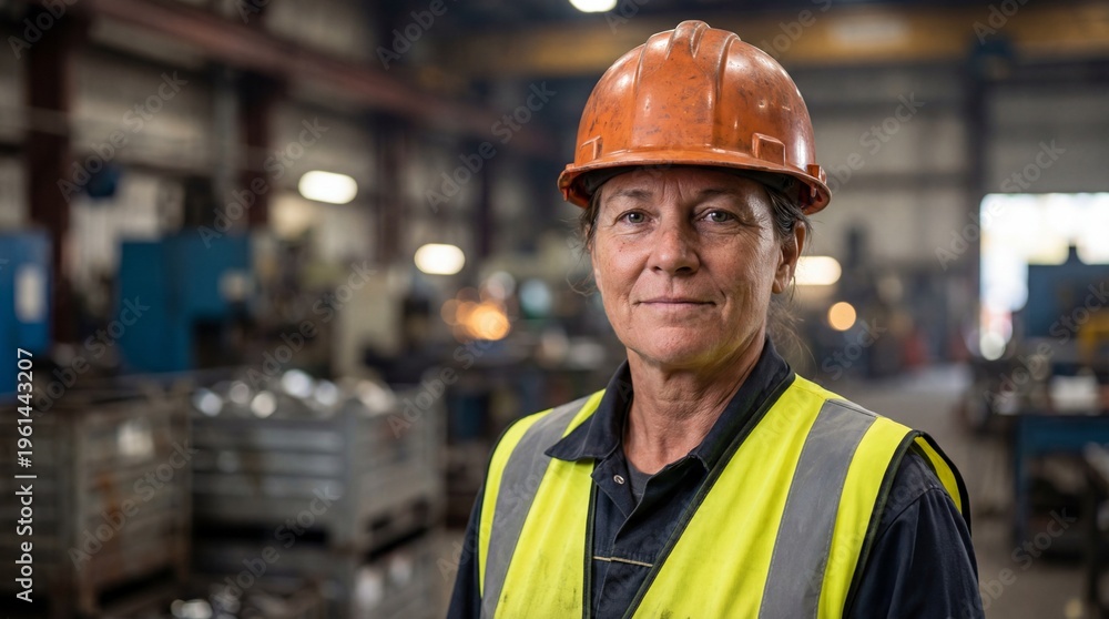 Fototapeta premium A middle-aged industrial worker wearing safety gear in a factory setting