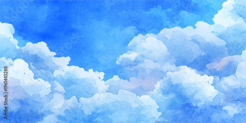 A beautiful summer day features fluffy white cumulus clouds drifting across a bright, clear blue sky in this tranquil outdoor nature cloudscape