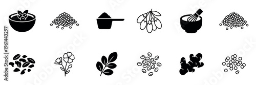 Set of black superfood icons featuring healthy ingredients like berries, seeds, ginger, and goji in a minimalist glyph and line art style for nutrition and wellness concepts