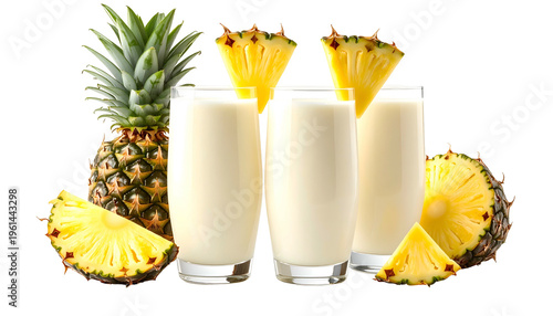 Tropical drink with pineapples, three glasses, and cut fruit on black