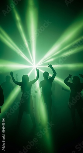 Vibrant Party Scene with Green Lights and Joyful Crowd Dancing to Celebrate Special Moments Together