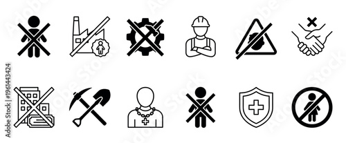 Set of black and white line icons representing labor rights, prohibition signs, and safety symbols for various industrial and social concepts in a clean, minimalist vector style