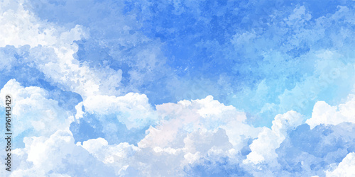 Beautiful fluffy white clouds float across a bright clear blue sky on a sunny summer day, creating a picturesque nature cloudscape high in the atmosphere