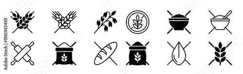Collection of gluten-free food allergy symbols showing crossed-out wheat, bread, and flour for celiac-safe product packaging, presented in a simple black glyph and line icon style