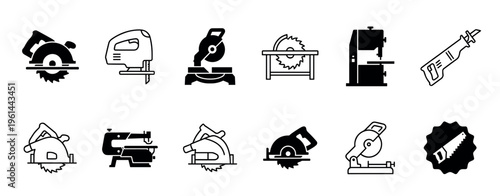 Power saw and cutting tool icon set with various electric woodworking instruments like circular saws, jigsaws, and miter saws presented in a simple black glyph and line art style