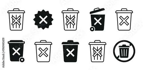 Collection of black trash can icons representing deletion, removal, and recycling concepts for user interface design, featuring various line art and solid glyph styles