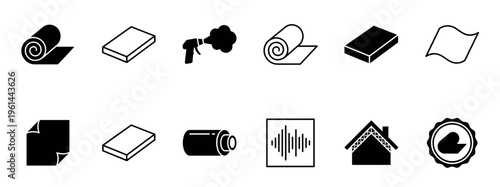 Set of black and white building insulation icons showing rolls, panels, spray foam, soundproofing, and home construction materials in a minimalist graphic style