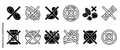 Collection of black nut-free icons showing various crossed-out nuts and food products to indicate an allergen warning for dietary restrictions and food safety labeling