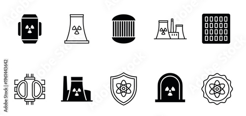 Ten black nuclear energy icons representing power plants, reactors, atomic symbols, and radiation safety in a minimalist vector glyph and line art style